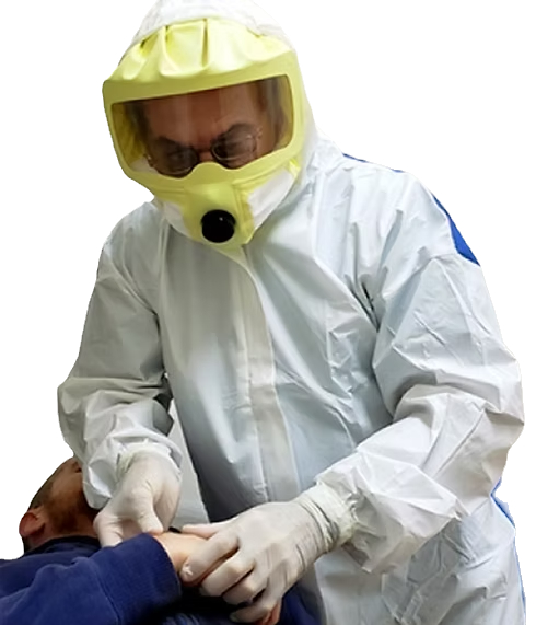 Care provider wearing TopBioShield during patient treatment