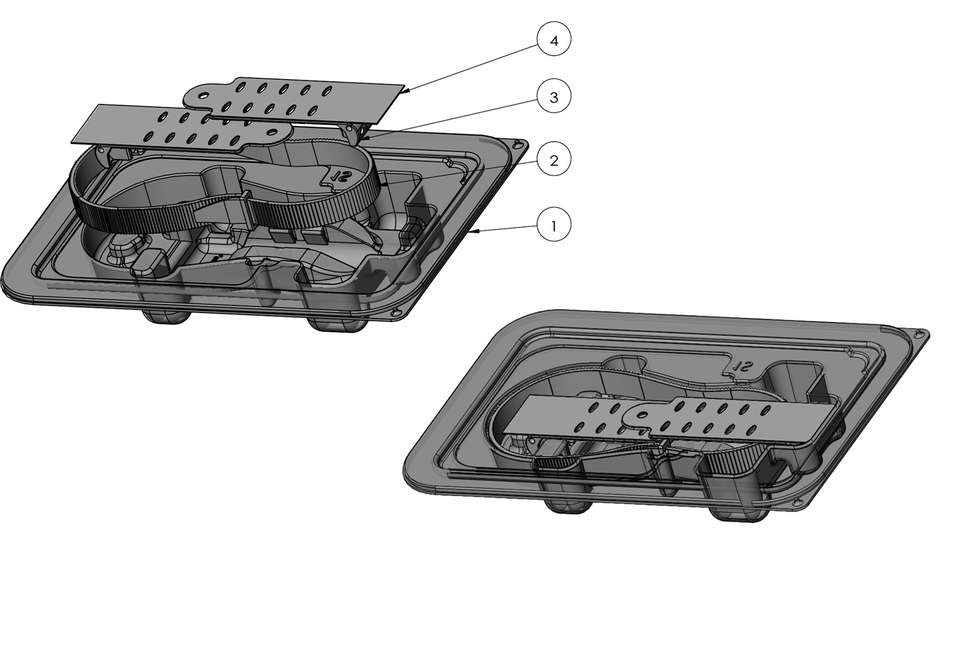 TopClosure® 3S assembly drawing: blister tray, approximation strap, attachment plates and adhesive stickers